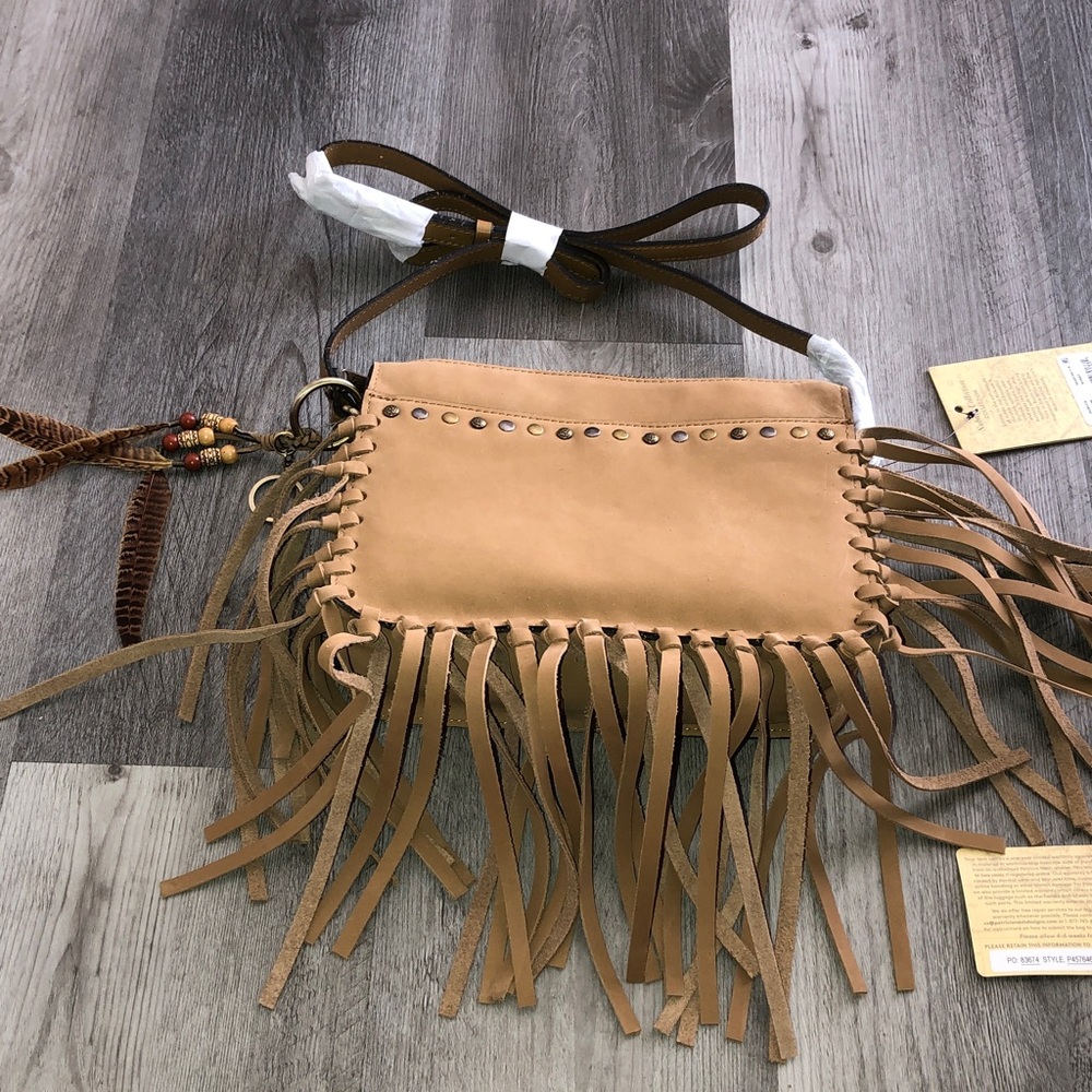 Patricia Nash Nubuck Leather Nazaire Crossbody Bag Color Wheat + Fringe NWT